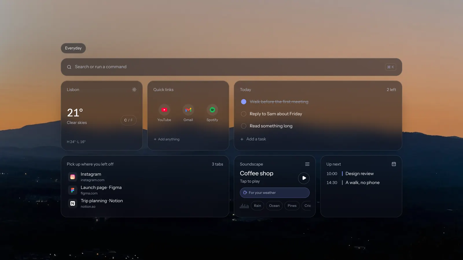 A Dashy new tab over a golden-hour ridgeline, titled Everyday: a search bar across the top, then weather, quick links, a to-do list, a card of tabs to pick up again, a soundscape player and a calendar.