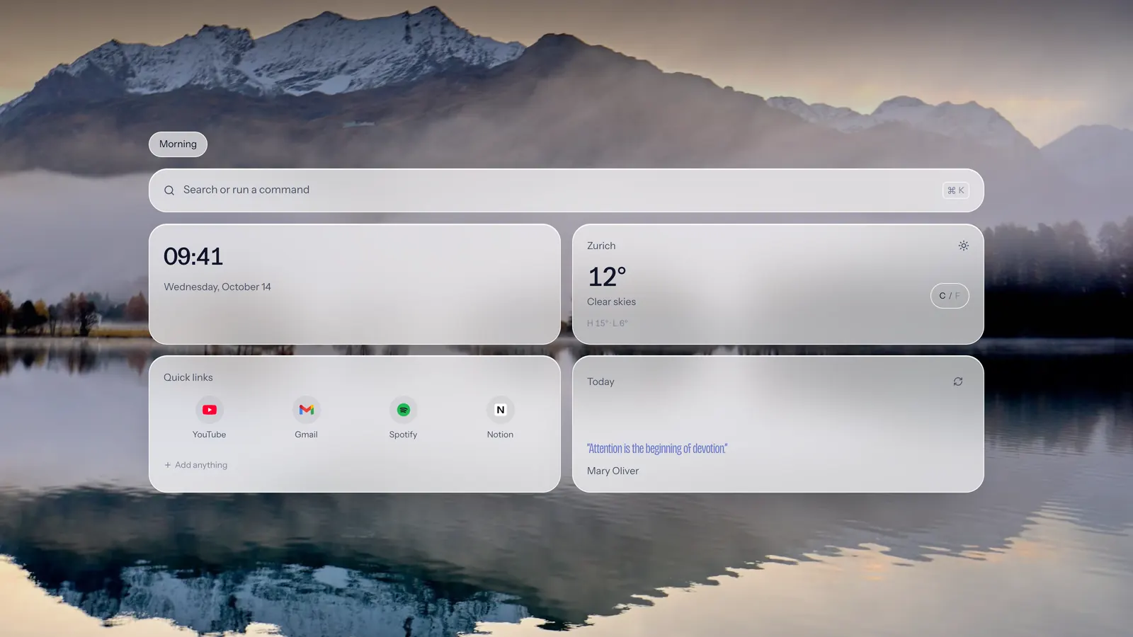 A Dashy new tab over a still alpine lake, titled Morning, with pale frosted cards: a search bar, a clock, the weather, quick links to four sites, and a quote card.