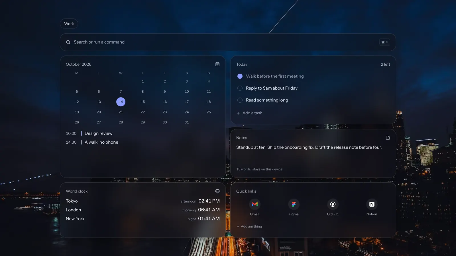 A Dashy new tab over a city skyline after dark, titled Work: a search bar, a full month calendar, a to-do list, a notes card, world clocks and quick links to work sites.