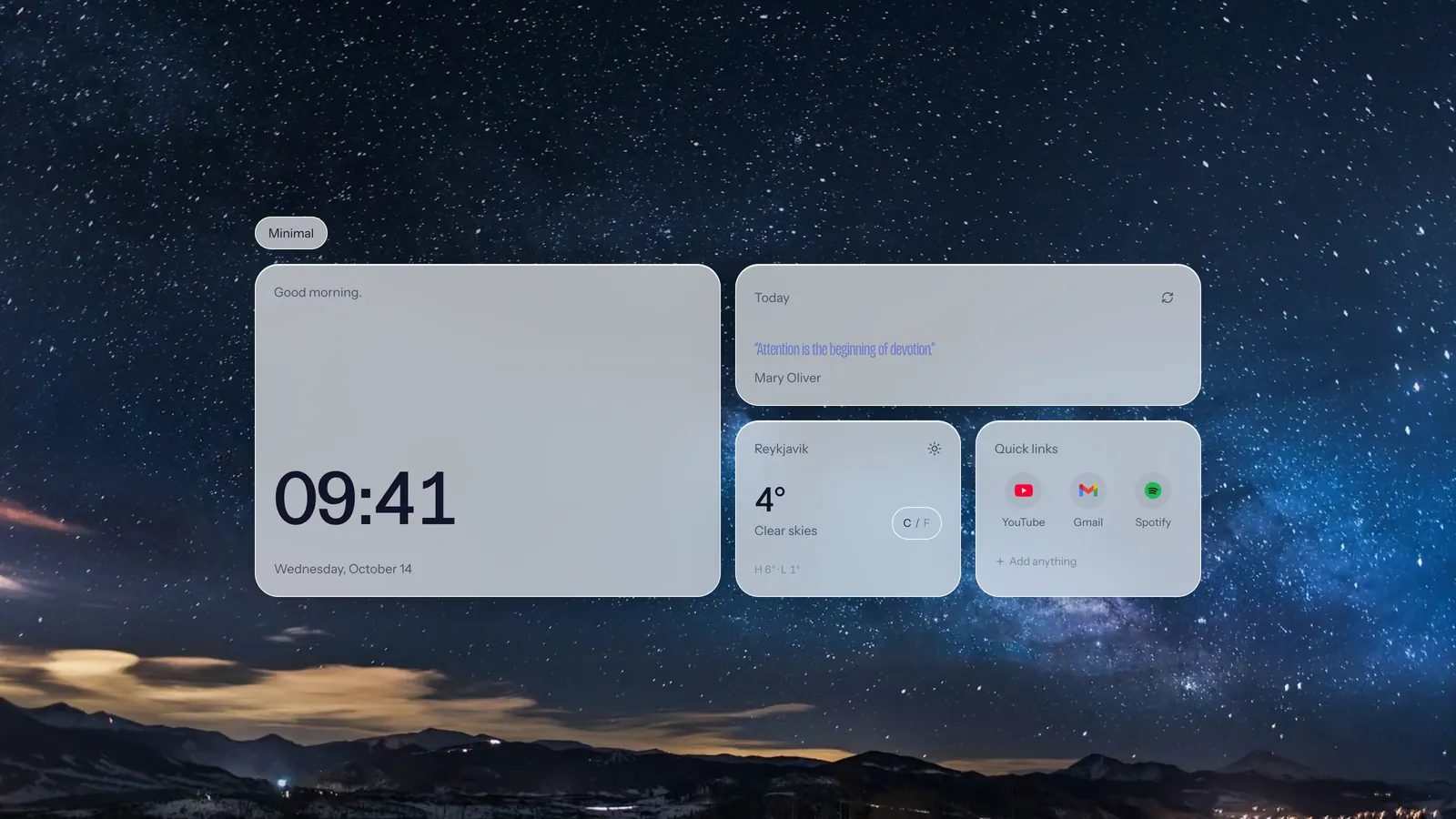 A minimal Dashy new tab under the Milky Way, titled Minimal, with four pale frosted cards: a large clock, a quote, the weather and quick links.